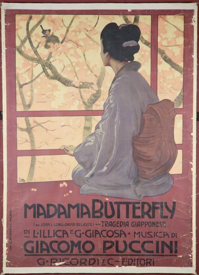 Frontispício da folha de partitura de "Madame Butterfly" de Giacomo Puccini (1858-1924) (litografia a cores) (ver também 208559) de Leopoldo Metlicovitz