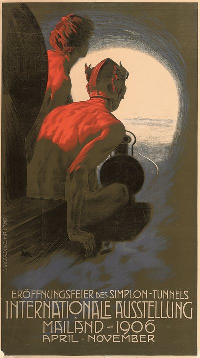 Cartaz alemão anunciando a Exposição Internacional de 1906 em Milão, organizado para comemorar a abertura do Túnel Transalpino Simplon de Leopoldo Metlicovitz