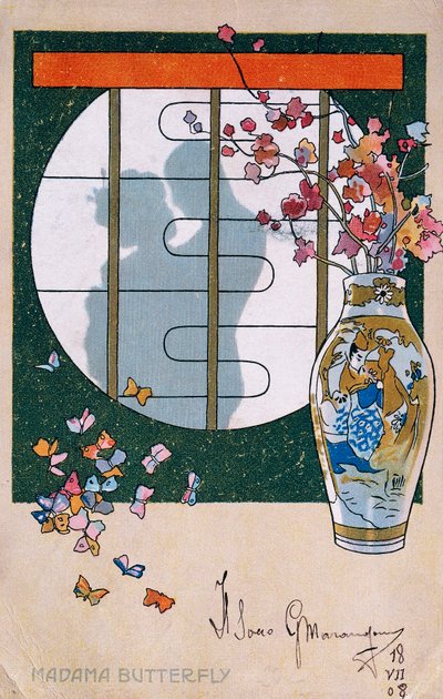 Cartão postal criado para a estreia de "Madame Butterfly", em Brescia de Leopoldo Metlicovitz