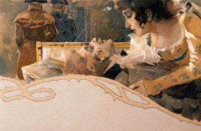 Postal ilustrado por Leopoldo Metlicovitz (1868-1944) com cenas de Tosca, ópera de Giacomo Puccini (1858-1924) de Leopoldo Metlicovitz