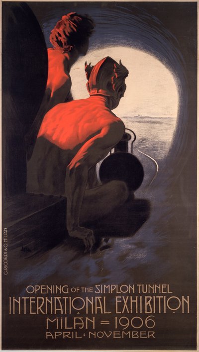 Cartaz lançado para a The Milan International, uma feira mundial que marca a abertura do Túnel do Simplon de Leopoldo Metlicovitz