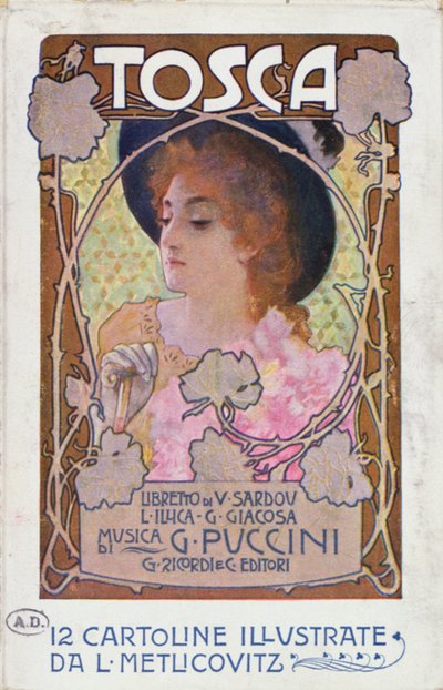 Página de título da partitura da ópera Tosca de Puccini, c.1910 (cor litho) de Leopoldo Metlicovitz