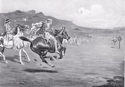 Cavaleiros gregos jogando o dardo, ilustração de &39;História das Nações de Hutchinson&39;, 1915 de Leslie Mosley
