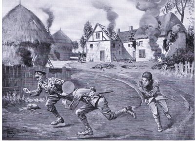 O Sargento Cooper e dois camaradas atirando sob fogo inimigo depois de incendiarem uma quinta e vários ricks (DCM) (litho) de Leslie Mosley
