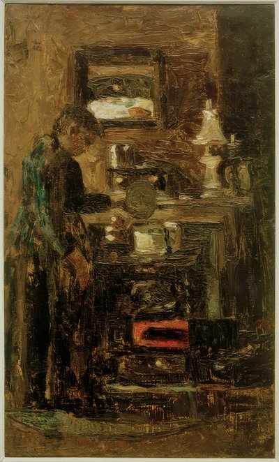 Mulher no fogão da cozinha de Lesser Ury