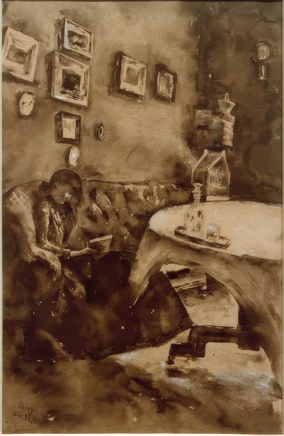 Interior com senhora da leitura de Lesser Ury