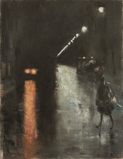 Cena de rua nocturna, Berlim (Leipziger Strasse?), c.1920 (óleo sobre tela) de Lesser Ury