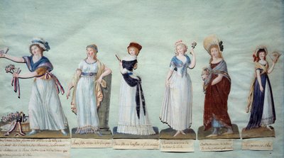Diferentes mulheres jovens representando a moda feminina durante a Revolução. Gouache des freres Lesueur (século XVIII) Paris, Musee Carnavalet de Lesueur Brothers