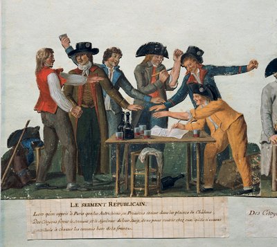Revolução Francesa: "O juramento republicano: os cidadãos fazem o juramento do seu sangue de não regressarem a casa até expulsarem os austríacos e os prussianos de França." Gouache des freres Lesueur (século XVIII). Século XVIII. Paris. Museu Carnavalet de Lesueur Brothers