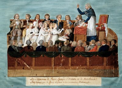 Revolução Francesa: "cidadãos de Paris oferecendo as suas jóias à Convenção Nacional" Ilustração de Freres Lesueur (século XVIII). 1792-1795. Paris, musee Carnavalet - Revolução Inglesa - Os cidadãos de Paris doando suas jóias para os Nati de Lesueur Brothers
