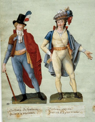 Revolução Francesa: fantasias de revolucionários fantasiosos que não foram imitados. Gouache des freres Lesueur (século XVIII) de Lesueur Brothers