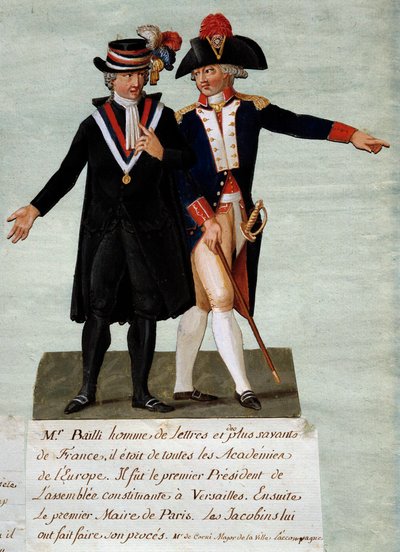 Revolução Francesa: representação de Jean Sylvain Bailly (1736-1793), presidente da Assembleia Constituinte de Versalhes e então prefeito da cidade de Paris, ele ordenou atirar nos cavaleiros com o objetivo de derrubar o rei em 17/07/1791 nos Champs-de-Mar de Lesueur Brothers