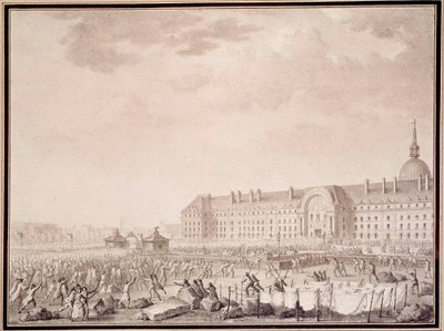Revolução Francesa: pegar em armas nos Inválidos em 14/07/1789. Litografia dos irmãos Lesueur (século XVIII) de Lesueur Brothers