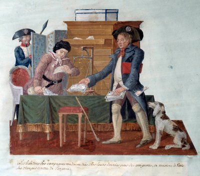 Revolução francesa: os habitantes do campo vendiam os seus alimentos para os seus designados, que depois vinham trocar por dinheiro em Paris. Gouache des Freres Lesueur (século XVIII) de Lesueur Brothers