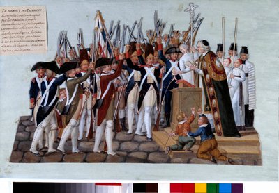 A revolução francesa: o juramento dos distritos. Após a proclamação da Constituição, o povo se reuniu nas praças públicas, as curas presidiram aos comícios. Gouache des freres Lesueur (século XVIII). 1789. Paris, Musee Carnavalet de Lesueur Brothers
