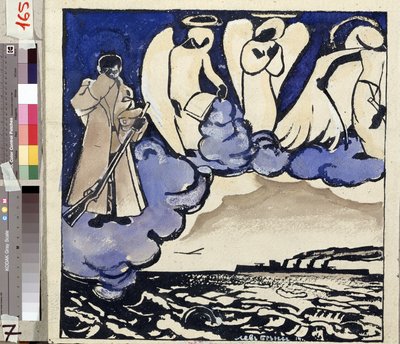 "Guerra". Rússia. 1914" Alegoria da Primeira Guerra Mundial. Um soldado e anjos. Caneta e guache de Lev Bruni (1894-1948) 1914 Museu Estatal de História, Arquitectura e Arte, Rybinsk, Rússia de Lev Aleksandrovitc Bruni