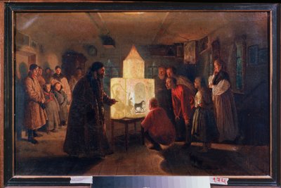 A lanterna mágica em uma casa de camponês - pintura de Lev Grigorievich Solovyev (1837-1919), óleo sobre tela de Lev Grigoryevich Solovyev