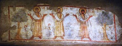 Pintura parede, mostrando, santos, em, adoração, caesarea, israel, 6-7º século, (paint, ligado, secos, gesso) de Levantine School Levantine School