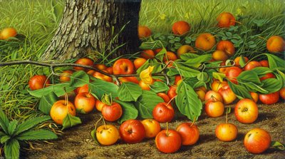 Natureza morta com maçãs por uma árvore (óleo sobre tela) de Levi Wells Prentice