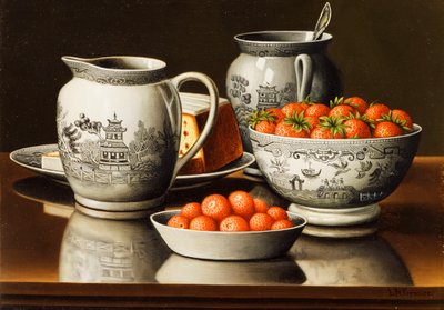 Natureza morta com porcelana e morangos de Levi Wells Prentice