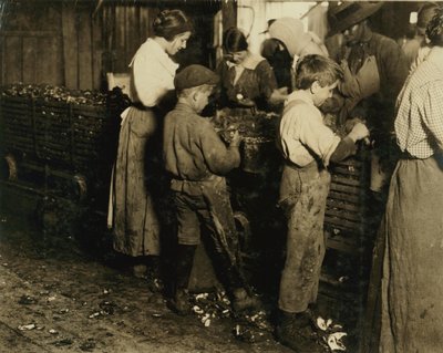 Jimmie, de 10 anos, que faz 3 anos (6 potes por dia) com um garoto de 11 anos que usa 7 potes na Varn e na Platt Canning Co., Bluffton, Carolina do Sul, 1913 de Lewis Wickes Hine