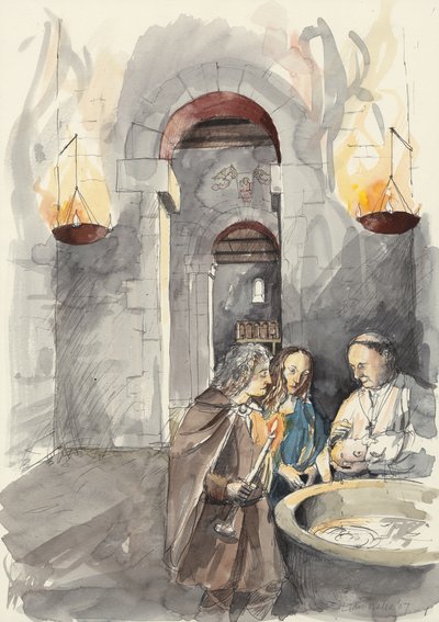 Batismo na Igreja de São Pedro, Barton-upon-Humber, Lincolnshire (aguarela sobre papel) de Liam Wales