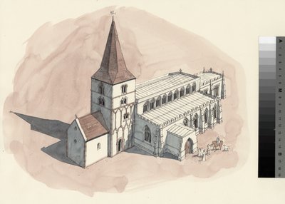Desenho de reconstrução da igreja de S. Pedro no século XV (aguarela sobre papel) de Liam Wales
