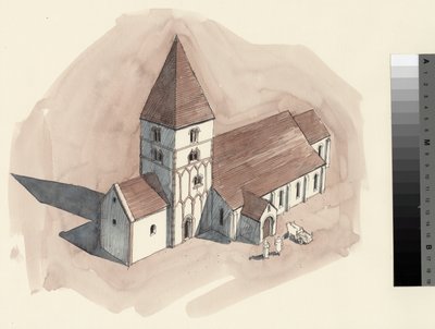 Desenho de reconstrução da igreja de S. Pedro durante o período normando (aguarela sobre papel) de Liam Wales