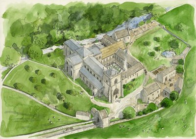 Reconstrução da abadia de Shap nos anos 1530 (aguarela sobre papel) de Liam Wales