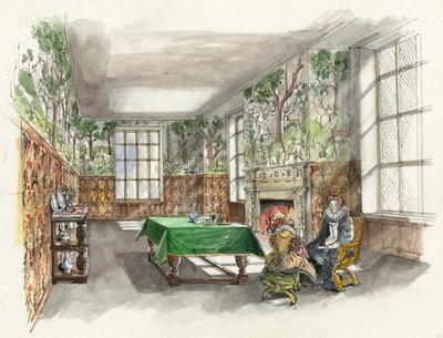 Reconstrução da Grande Câmara da Floresta em Hardwick Old Hall em 1601 (aguarela sobre papel) de Liam Wales