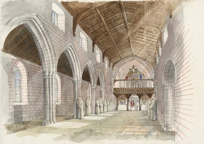 Reconstrução da nave da igreja da abadia de Shap Abbey c.1530 (aguarela sobre papel) de Liam Wales