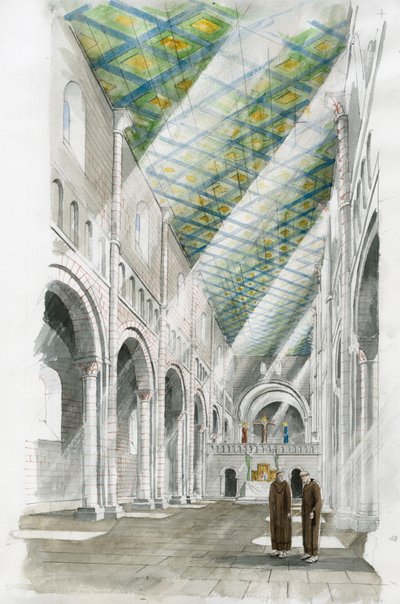 Reconstrução do interior da igreja de Old Sarum (aguarela sobre papel) de Liam Wales