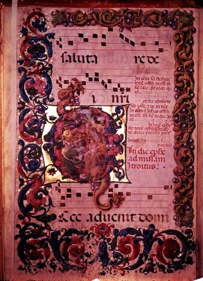 Página de música com um G inicial historiated que descreve a adoração dos Magi, de um antiphonal, c.1473-79 de Liberale da Verona