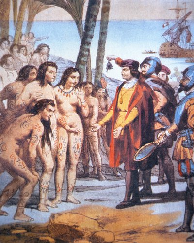 Cristóvão Colombo desembarca no Novo Mundo em 1492 e é saudado pelos índios Taino (cor litho) de Unbekannt Unbekannt