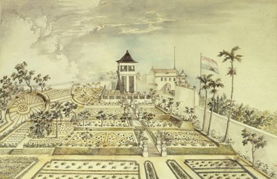 Casa holandesa com jardim fechado na ilha de Java, Indonésia, gravura de Unbekannt Unbekannt