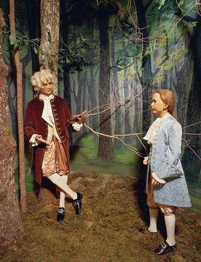 França, Chateau de Chenonceau, Vale do Loire, Jean Jacques Rousseau dando lição de terreno de Chenonceau ao filho de Claude Dupin; Ele escreverá um tratado para a educação do Emile, reprodução no Museu de Cera de Unbekannt Unbekannt
