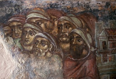 Fresco com grupo de homens, Igreja Bizantina de Ayios Stephanos, Drakona, Creta, Grécia (foto) de Unbekannt Unbekannt