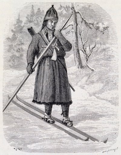 Lars Tuorda, atleta Lappish vencedor da competição de esqui de fundo organizada em 1884 por Adolf Erick Nordenskjold, desenho com tinta indiana de Unbekannt Unbekannt