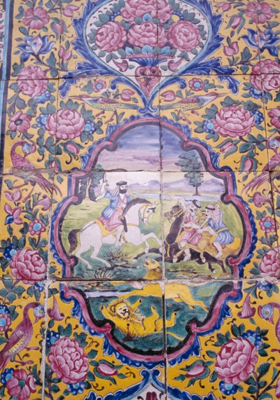 Caça ao leão, decoração de azulejos policromos em frente à casa de Qavam também conhecida como Narenjestan e Ghavam de Unbekannt Unbekannt