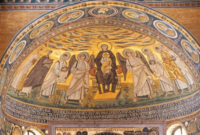 Madona e Criança entre anjos e santos, mosaico na abside da basílica do Eufrásio, Porec, Ístria, Croácia, século VI de Unbekannt Unbekannt