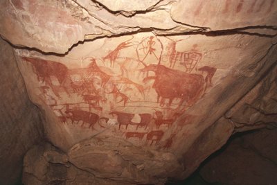 Pintura representando cenas de caça, arte rupestre sahariana, Enneri Tougwi, Tibesti, Chade de Unbekannt Unbekannt