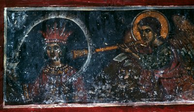 Santo tocando trompa, afresco na Igreja de Agios Ioannis Prodromos, Margaritas, Creta, Grécia (foto) de Unbekannt Unbekannt
