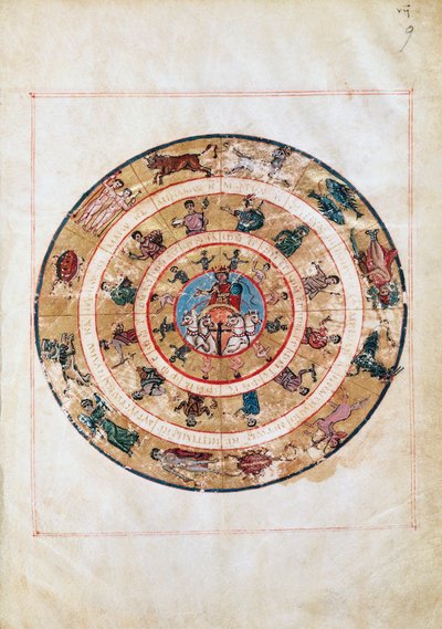 A carruagem do Sol e os signos do Zodíaco, miniatura de um manuscrito do início da Idade Média, mesa astronômica de Ptolomeu (ca. 100-175), civilização helenística de Unbekannt Unbekannt