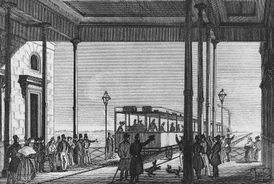 Trem saindo da estação ferroviária Venezia Santa Lucia, Veneza, Itália, gravura de Unbekannt Unbekannt