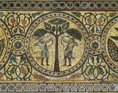 Dois caçadores com arcos, detalhe do mosaico de Unbekannt Unbekannt