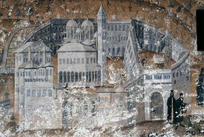 Vista do mosteiro, fresco no mosteiro de Ikosifinissis, perto de Serres, Grécia de Unbekannt Unbekannt