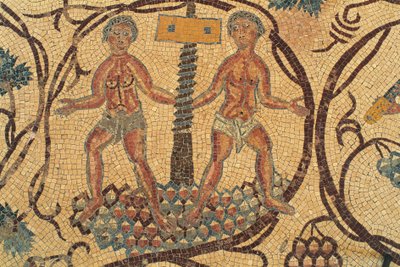 Lagar de vinho, detalhe do mosaico de chão com cenas da vida quotidiana, Igreja dos Santos Lote e Procópio, Nebo, Khirbet al-Mukhayyat, Jordânia, civilização bizantina, século VI d.C. de Unbekannt Unbekannt