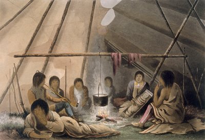 Interior de uma tenda indiana Cree, 1824 de Lieutenant Hood