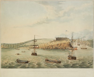 Ataque em Fort Oswego, Lago Ontário, América do Norte. 6 de maio de 1814, meio-dia e assalto a Fort Oswego pelo segundo batalhão de fuzileiros navais e um grupo de marinheiros, 15m depois das doze horas ao meio-dia, gravado por R. Havell, 1815 de Lieutenant J. Hewitt