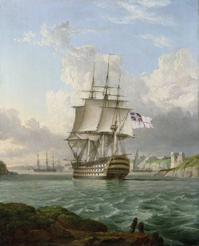O HMS "Britannia", um navio de 120 canhões, construído em 1820, que sai de um porto no Mediterrâneo, provavelmente o de Malta de Lieutenant Robert Strickland Thomas